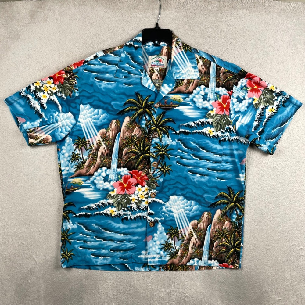 Paradise On A Hanger Hawaiian Shirt Men Medium Blue Tropical Island God USA Made